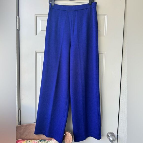 St.John 2-piece Suite Sapphire Blue Wool Blend Knit Duster,Silk Ruffle and Pants - Picture 10 of 16